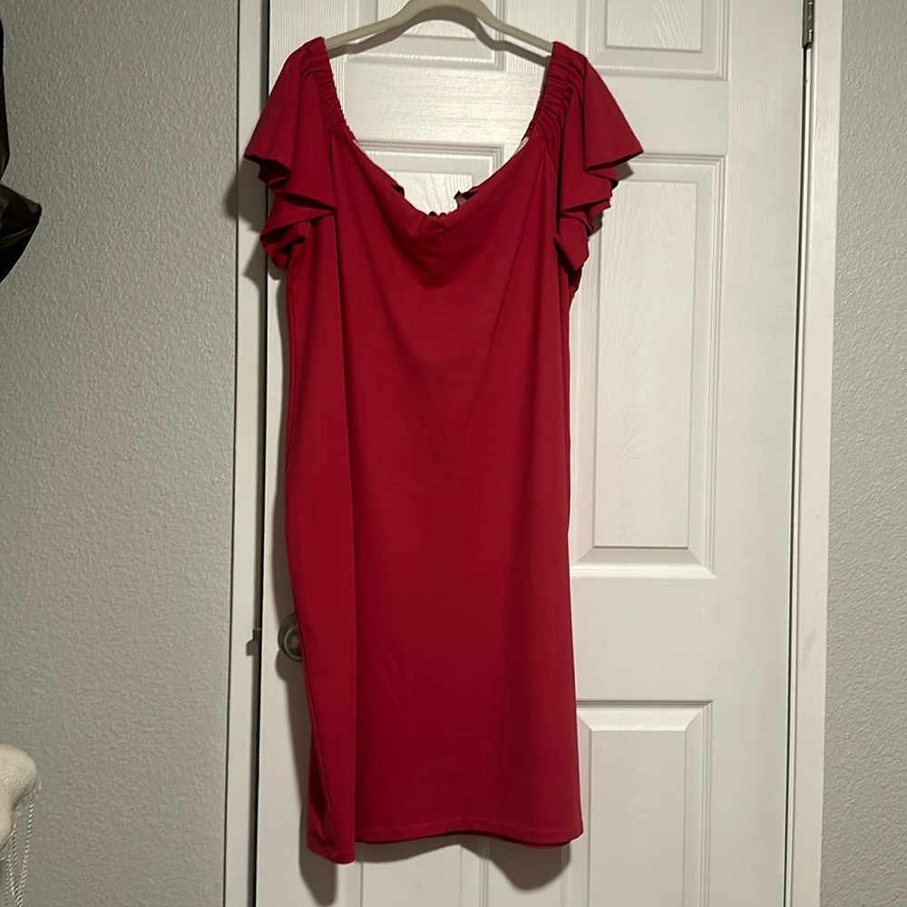 Off the shoulder ruffle cap sleeve, fusicia, knee length dress, stretch jersey